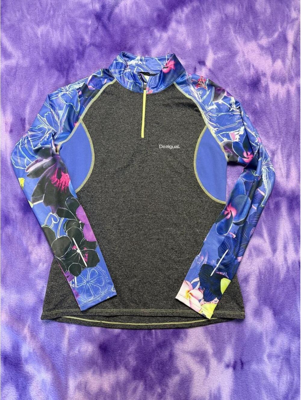 Desigual blue/purple floral print sleeve quarter zip athletic top